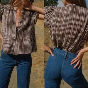 NWT Dôen Millie Ruffled Checked Organic Cotton-Voile Top Brown Size: Small